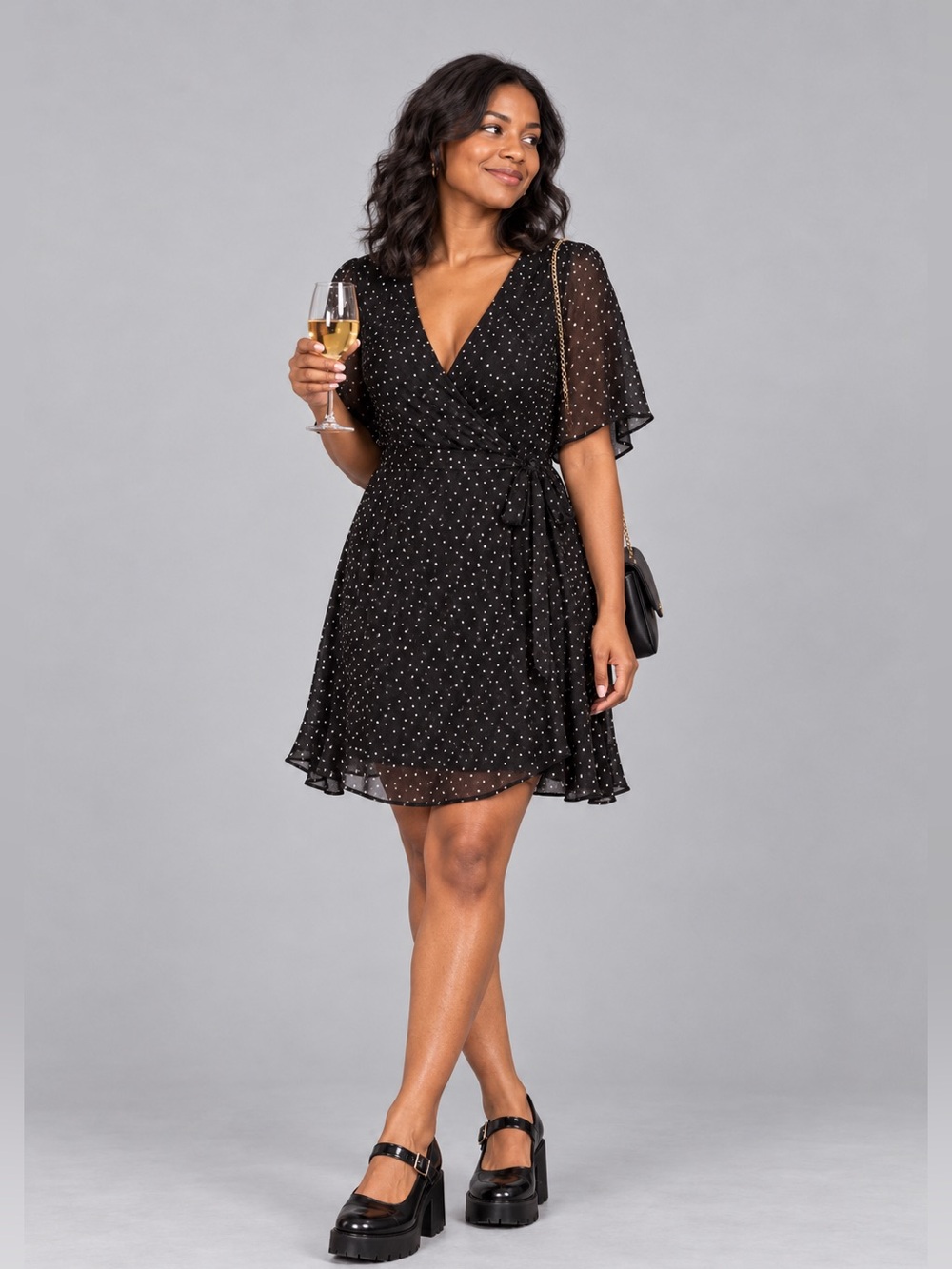 EUC Lucky Brand Polka Dot Faux-Wrap Dress - Black & White